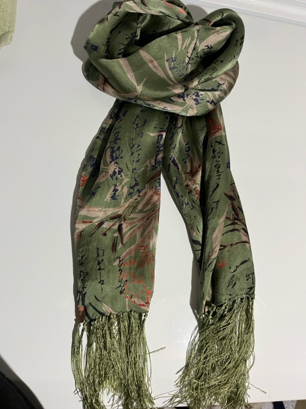 Olive Green Printed Fringe Scarf